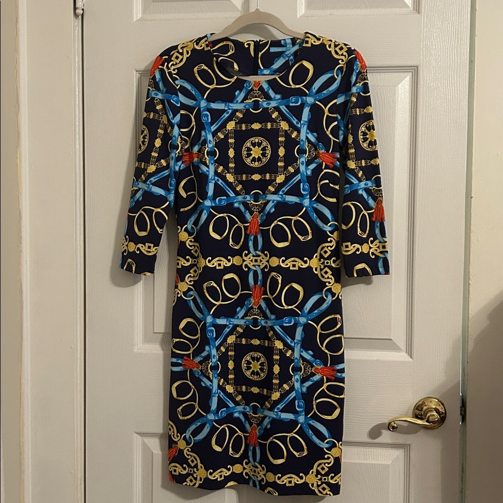 J. McLaughlin Sophia Midi Dress Navy/Gold Size Medium Heraldic Tassel Print XS